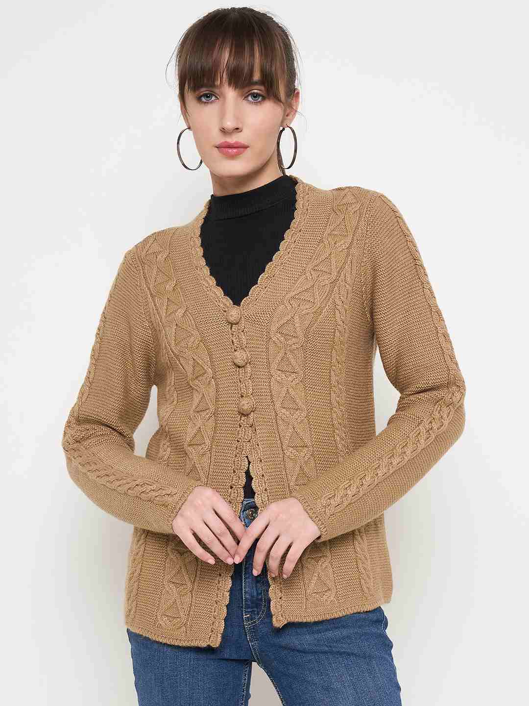 Madame Camel Cable Knit Acrylic Cardigan - Image 3