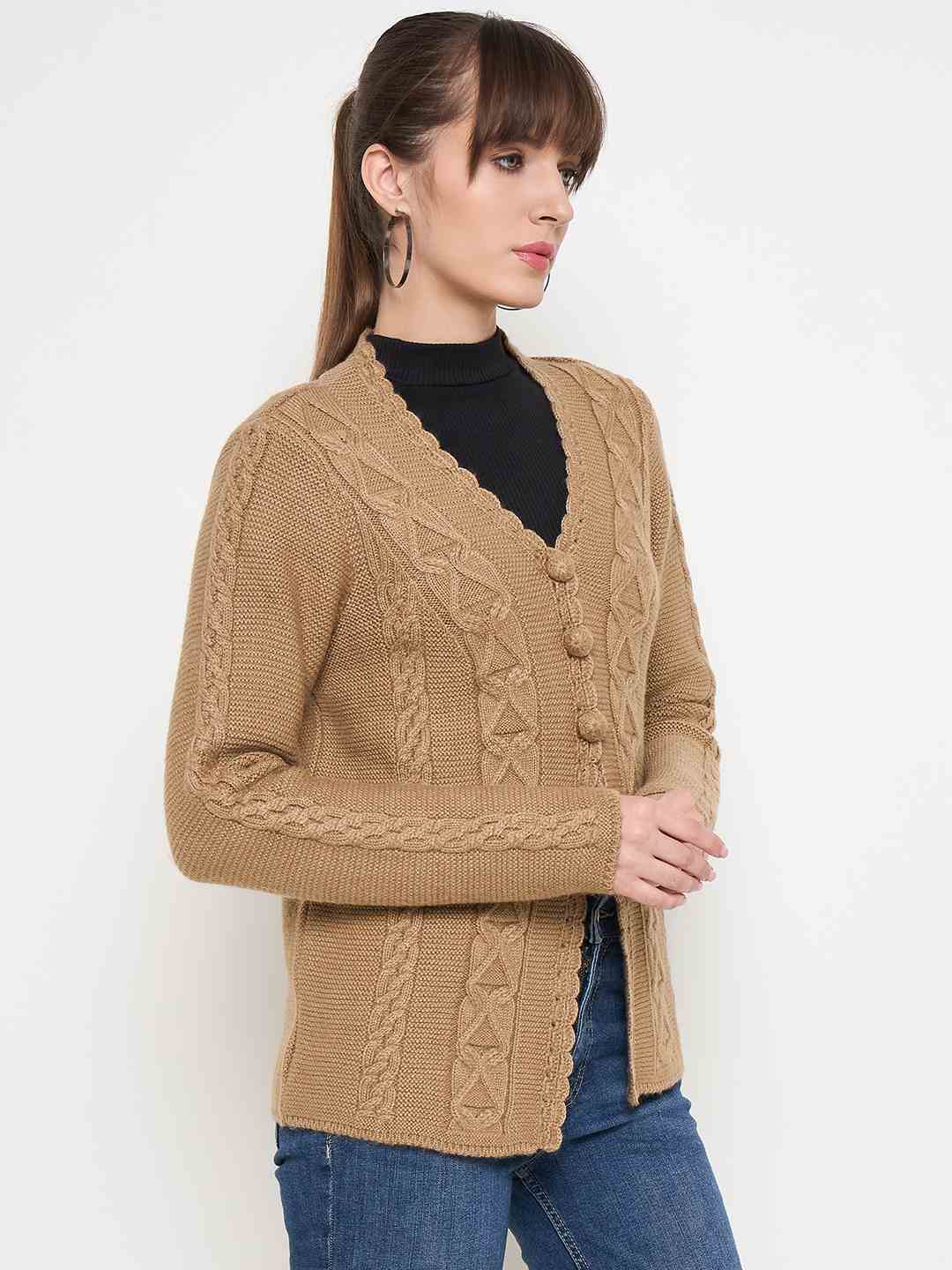 Madame Camel Cable Knit Acrylic Cardigan - Image 4