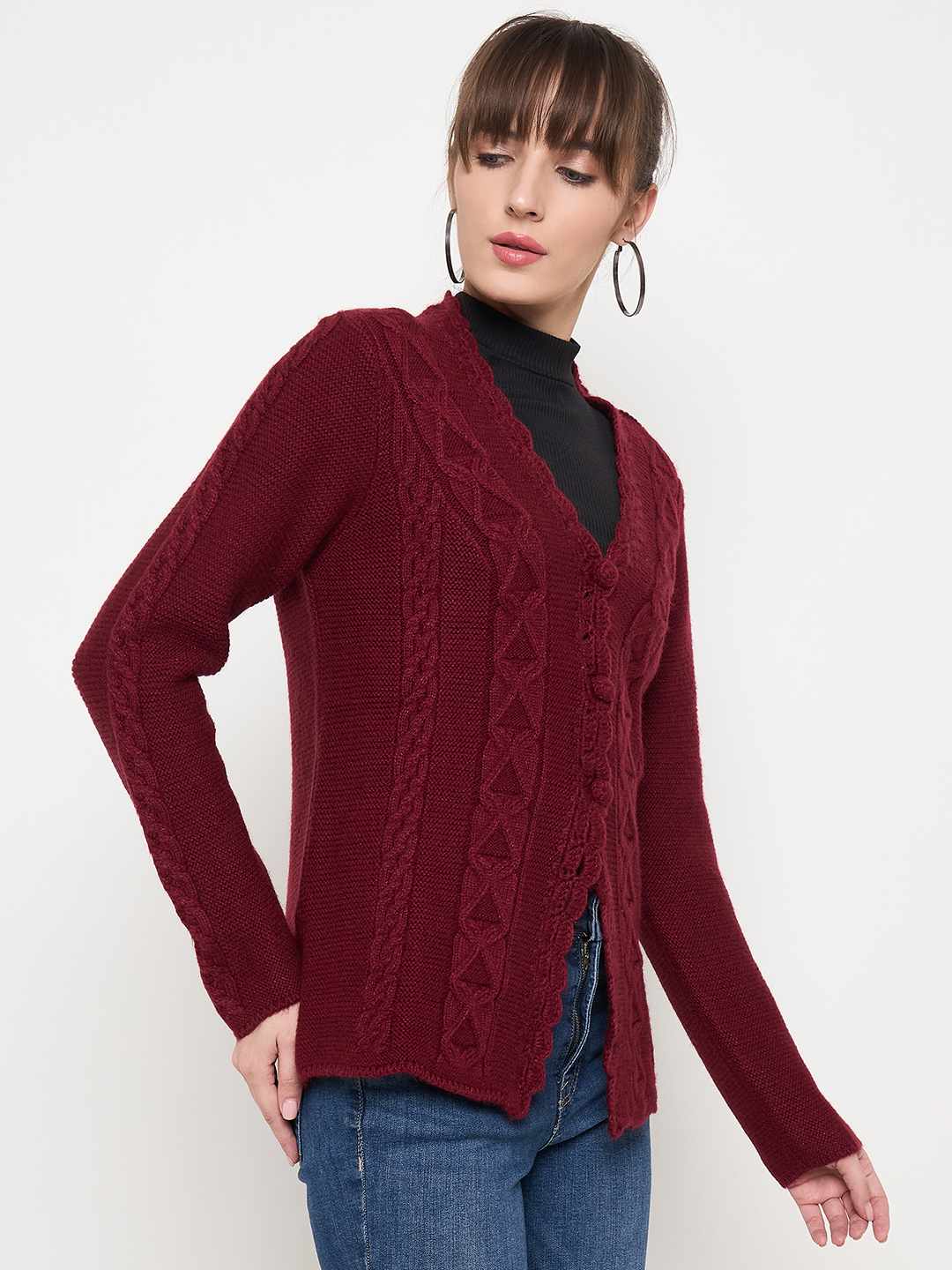 Madame Maroon Cable Knit Acrylic Cardigan - Image 4