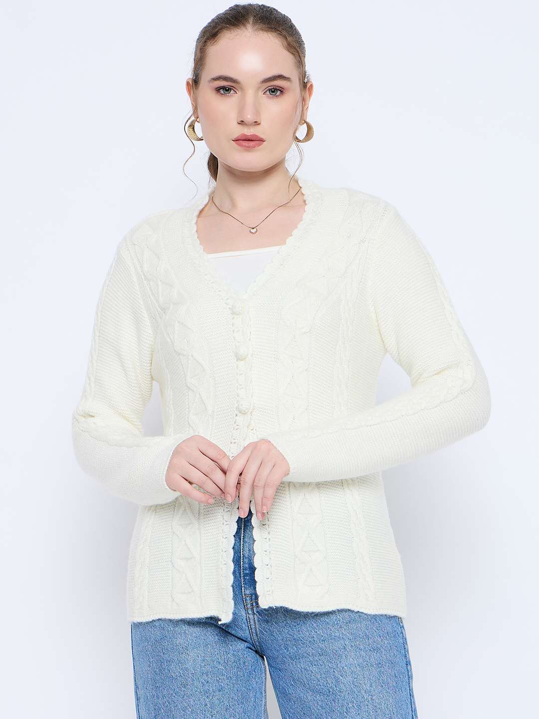 Madame Off White Cable Knit Acrylic Sweater - Image 3