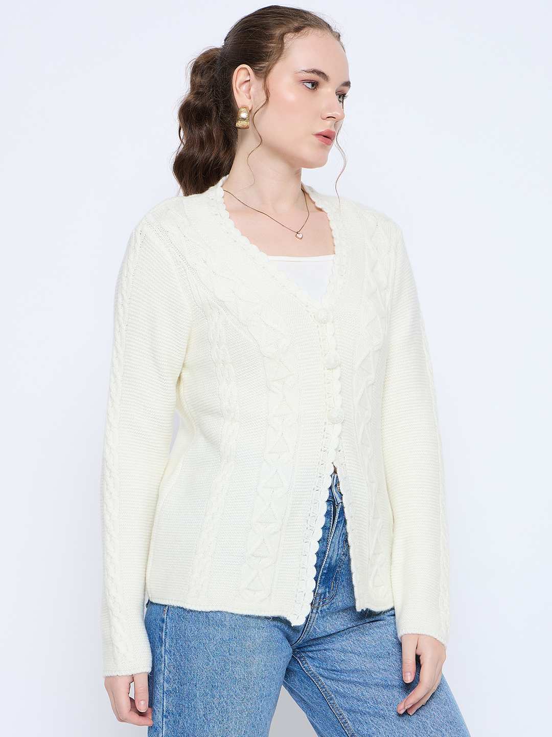 Madame Off White Cable Knit Acrylic Sweater - Image 4