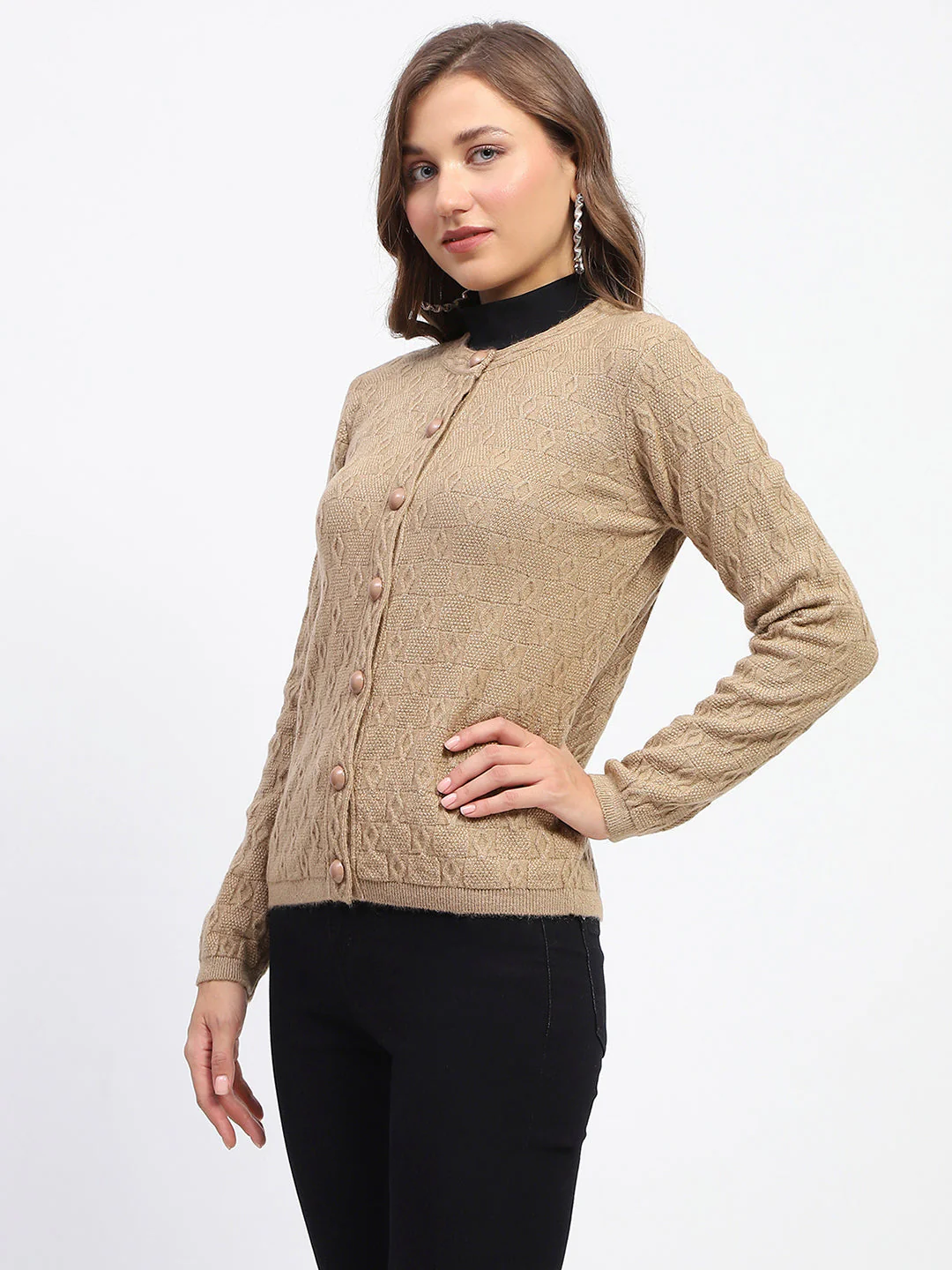 Madame Geometric Pattern Brown Crew Neck Cardigan - Image 3