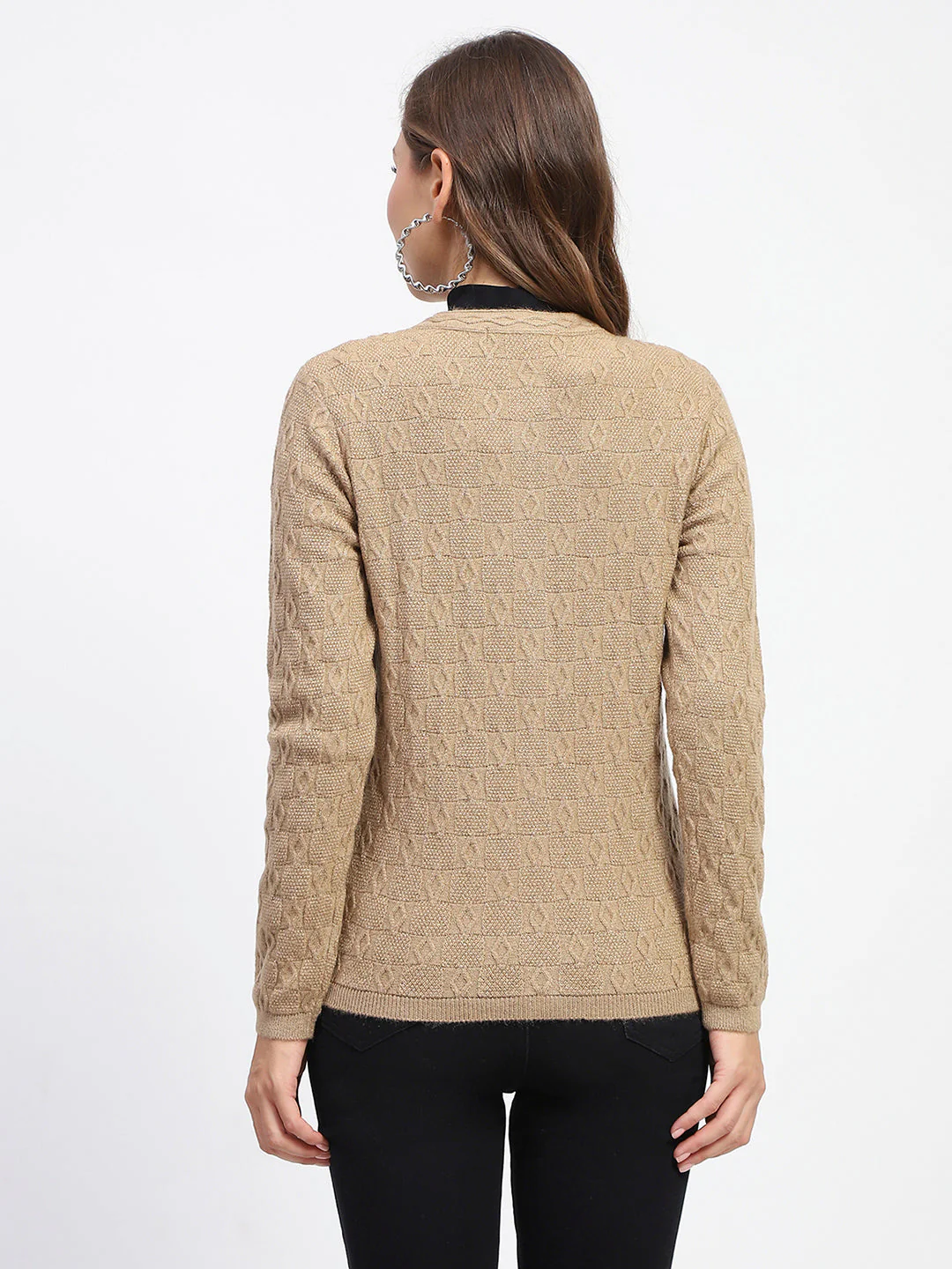 Madame Geometric Pattern Brown Crew Neck Cardigan - Image 6