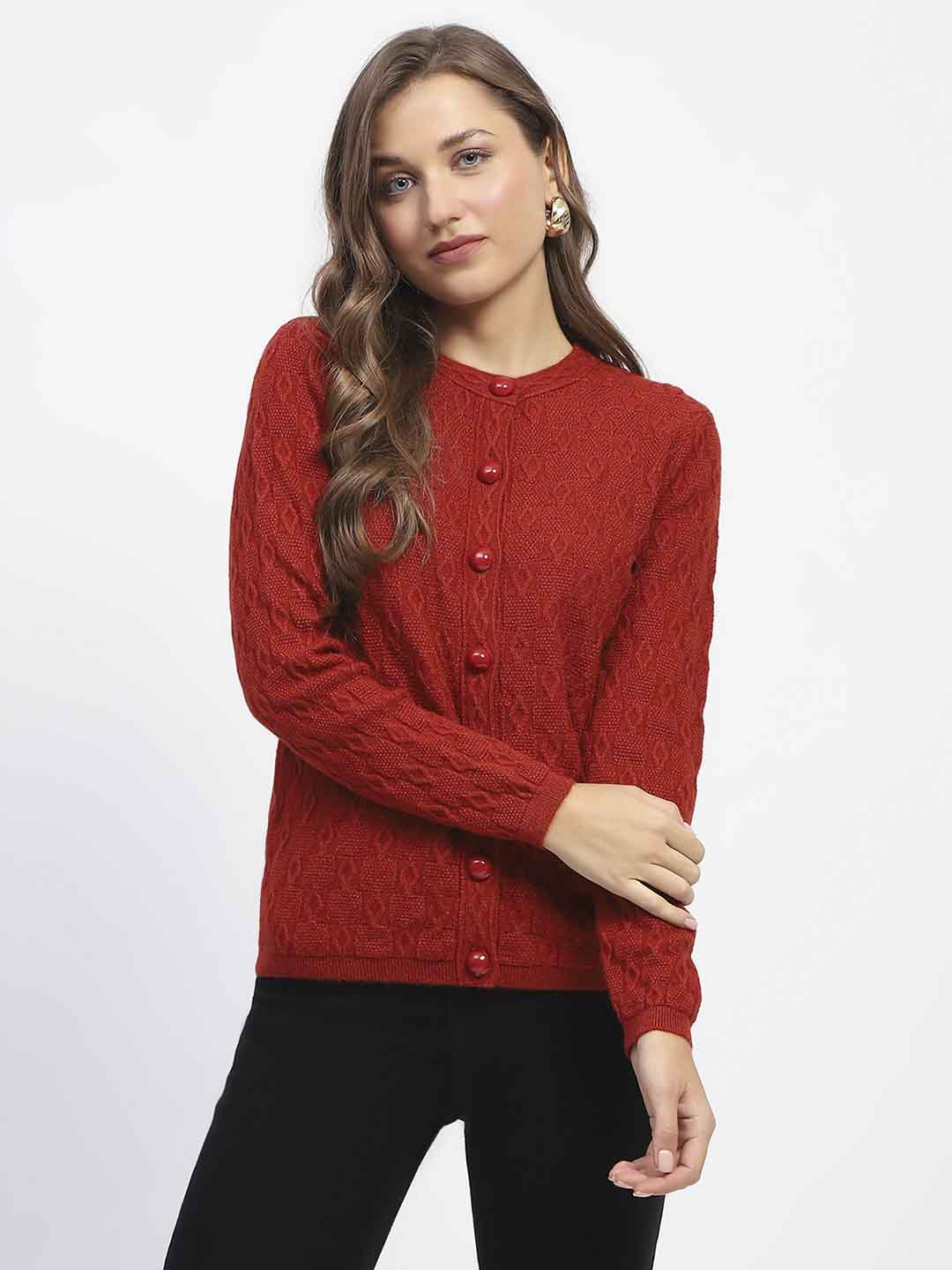 Madame Geometric Pattern Rust Crew Neck Cardigan - Image 2