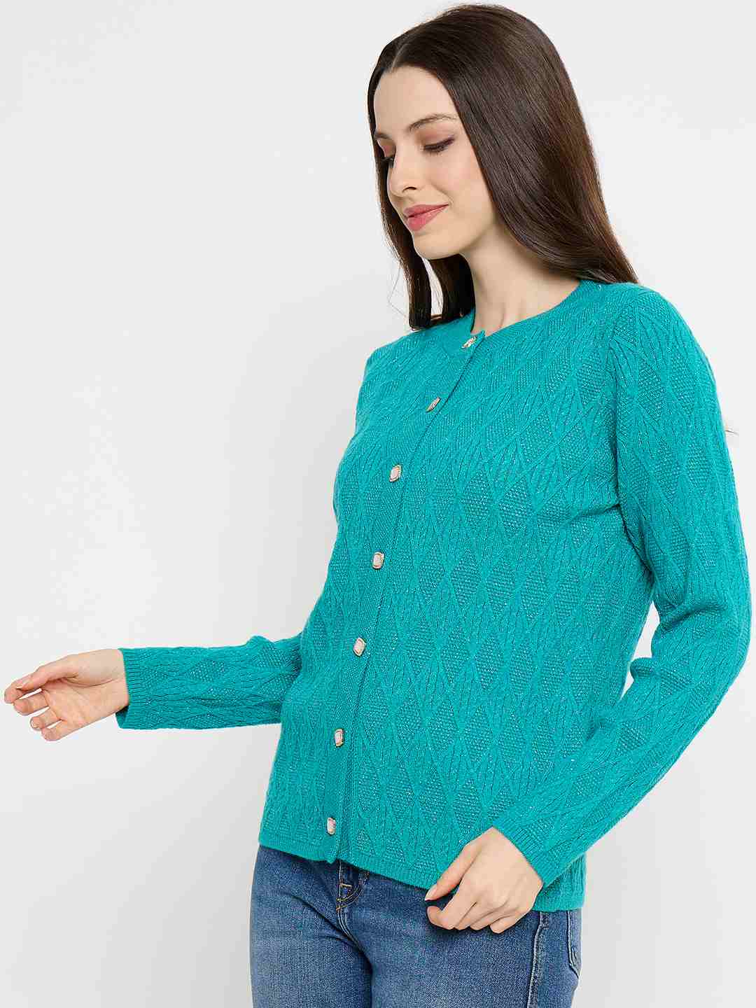 Madame Cable Knit Peacock Blue Cardigan - Image 5