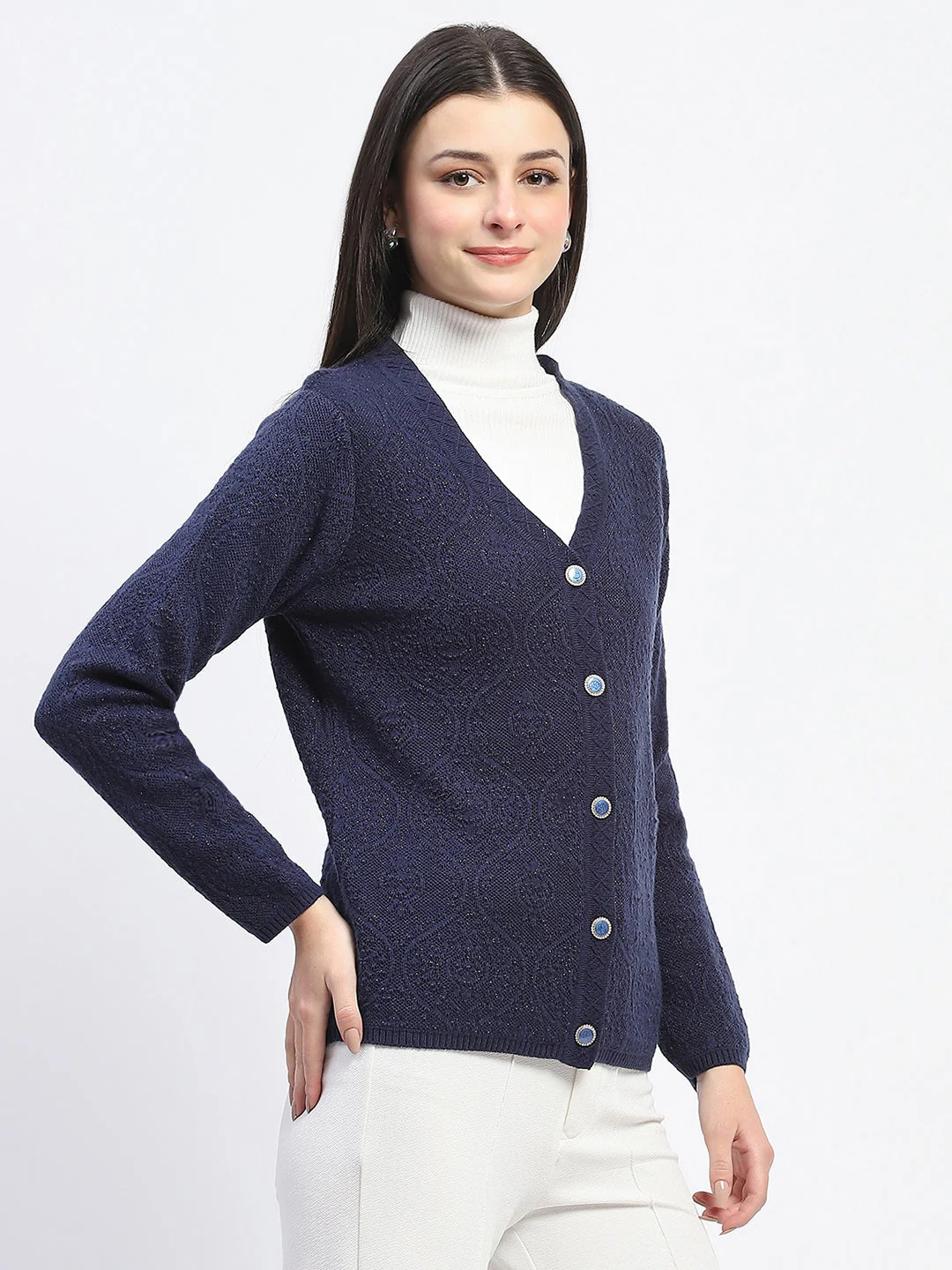 Madame V Neck Buttoned Navy Blue Cardigan - Image 4
