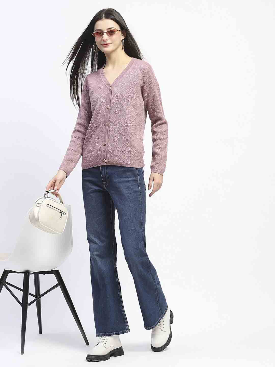 Madame V Neck Buttoned Onion Pink Cardigan - Image 2