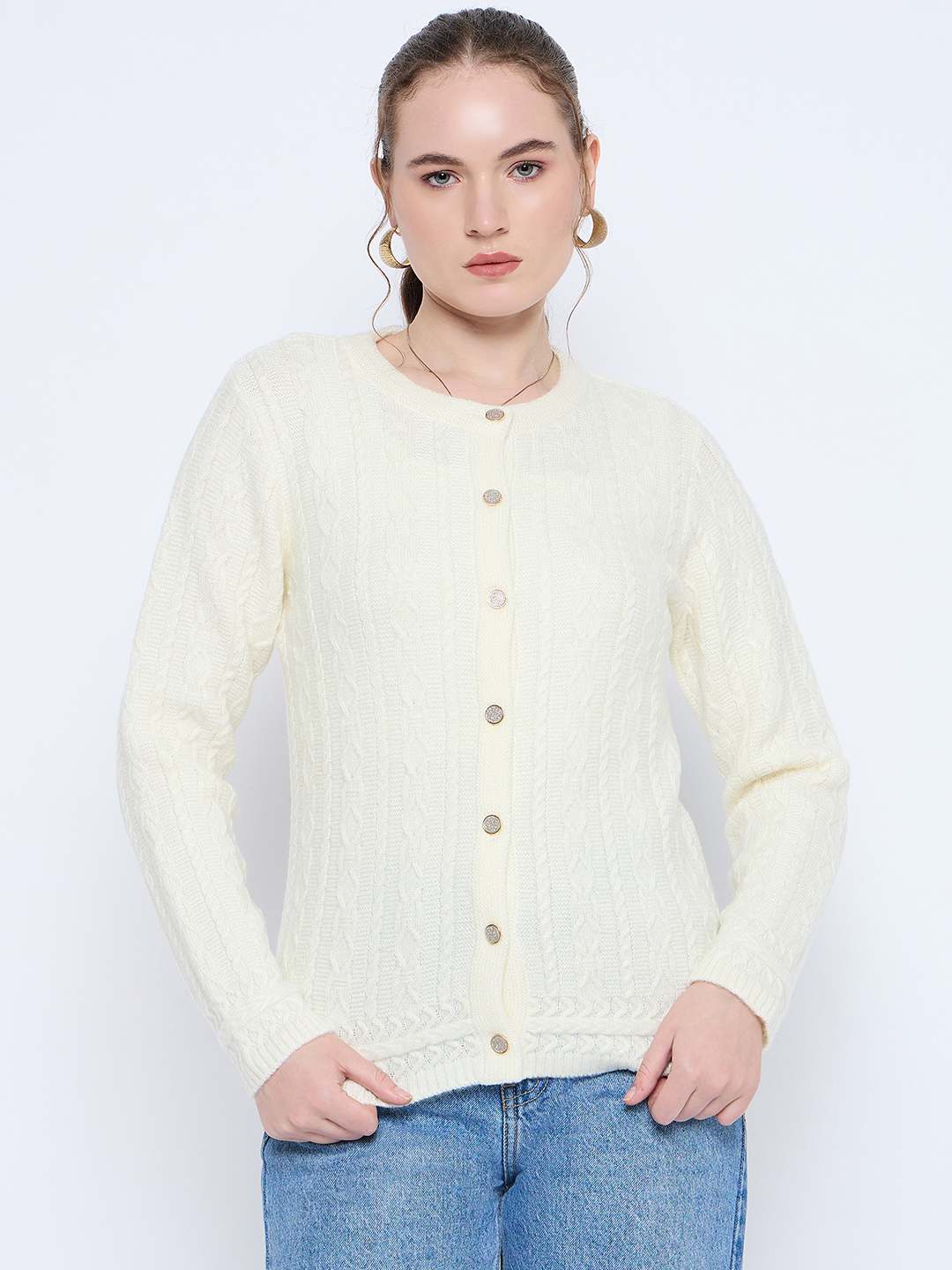 Madame Self Design Crew Neck Off White Cardigan - Image 3