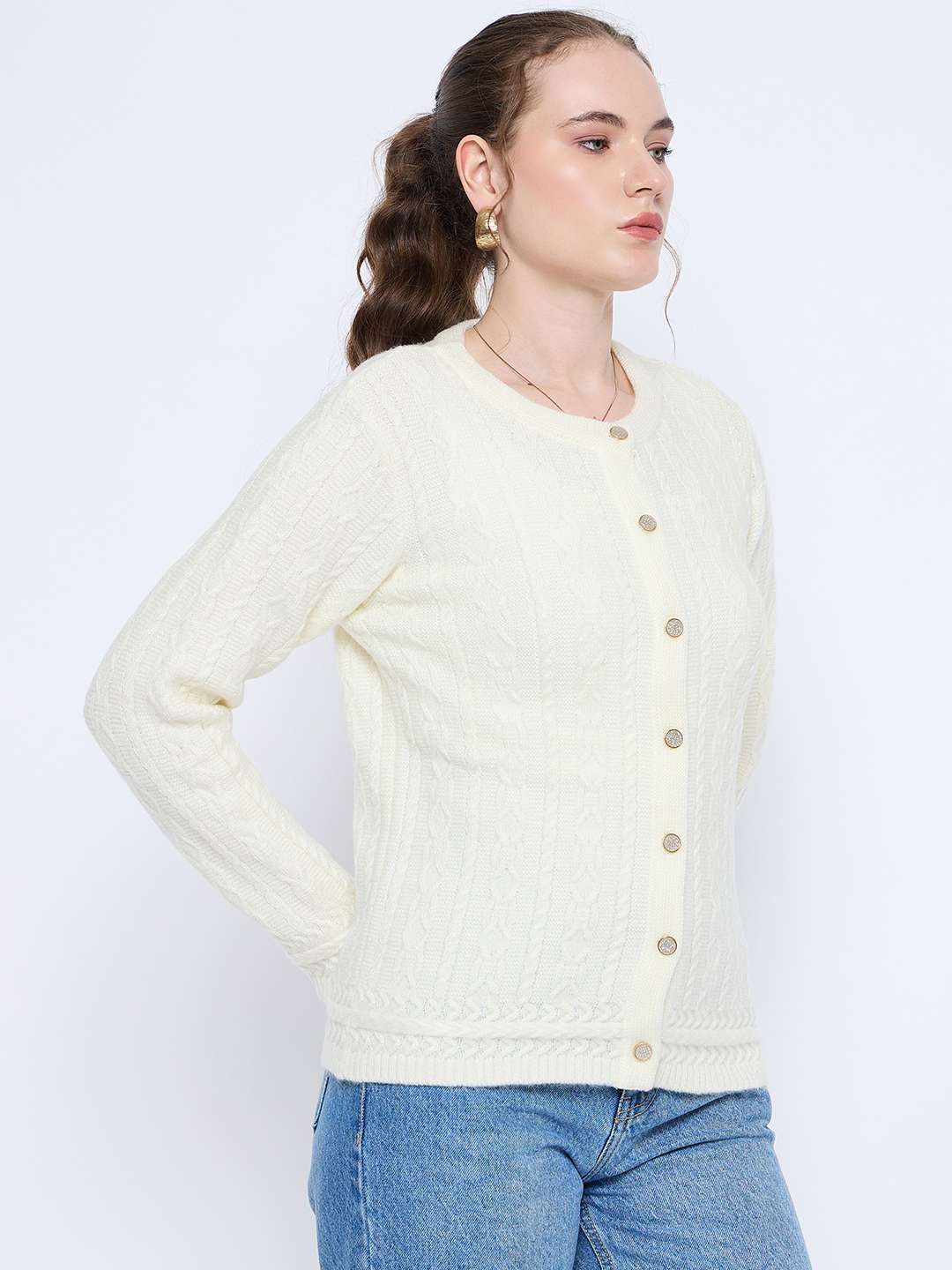 Madame Self Design Crew Neck Off White Cardigan - Image 4