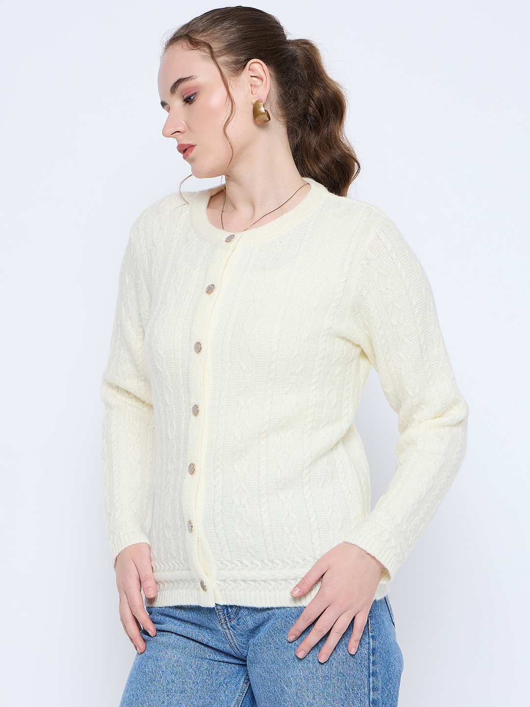Madame Self Design Crew Neck Off White Cardigan - Image 5