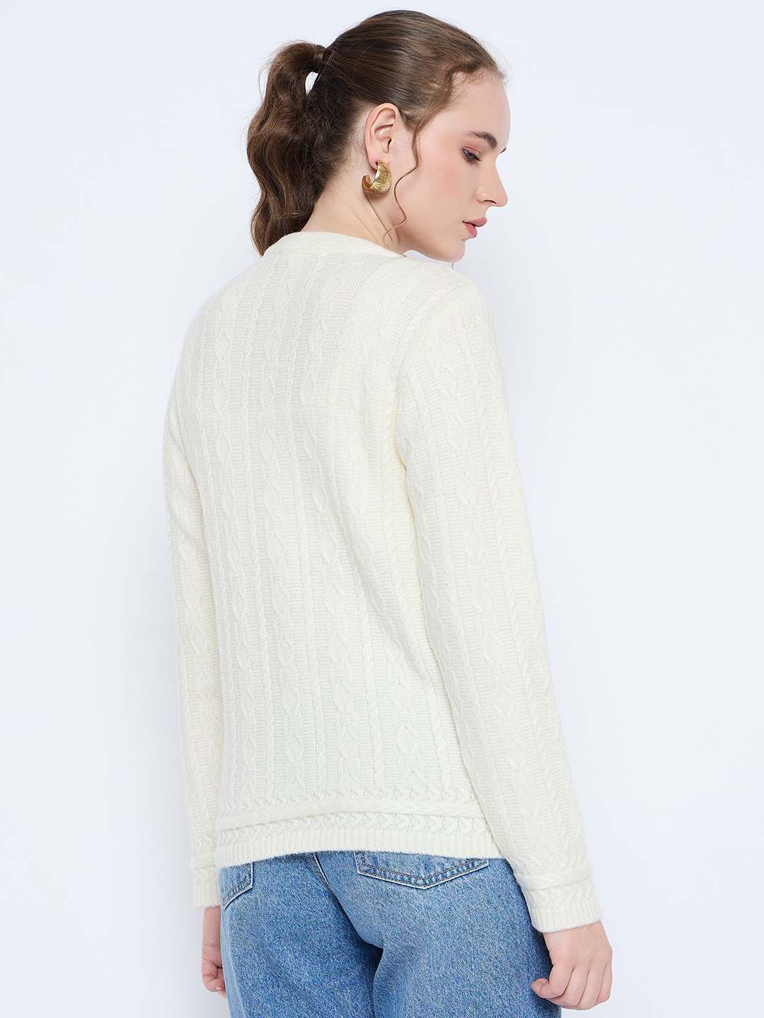 Madame Self Design Crew Neck Off White Cardigan - Image 6