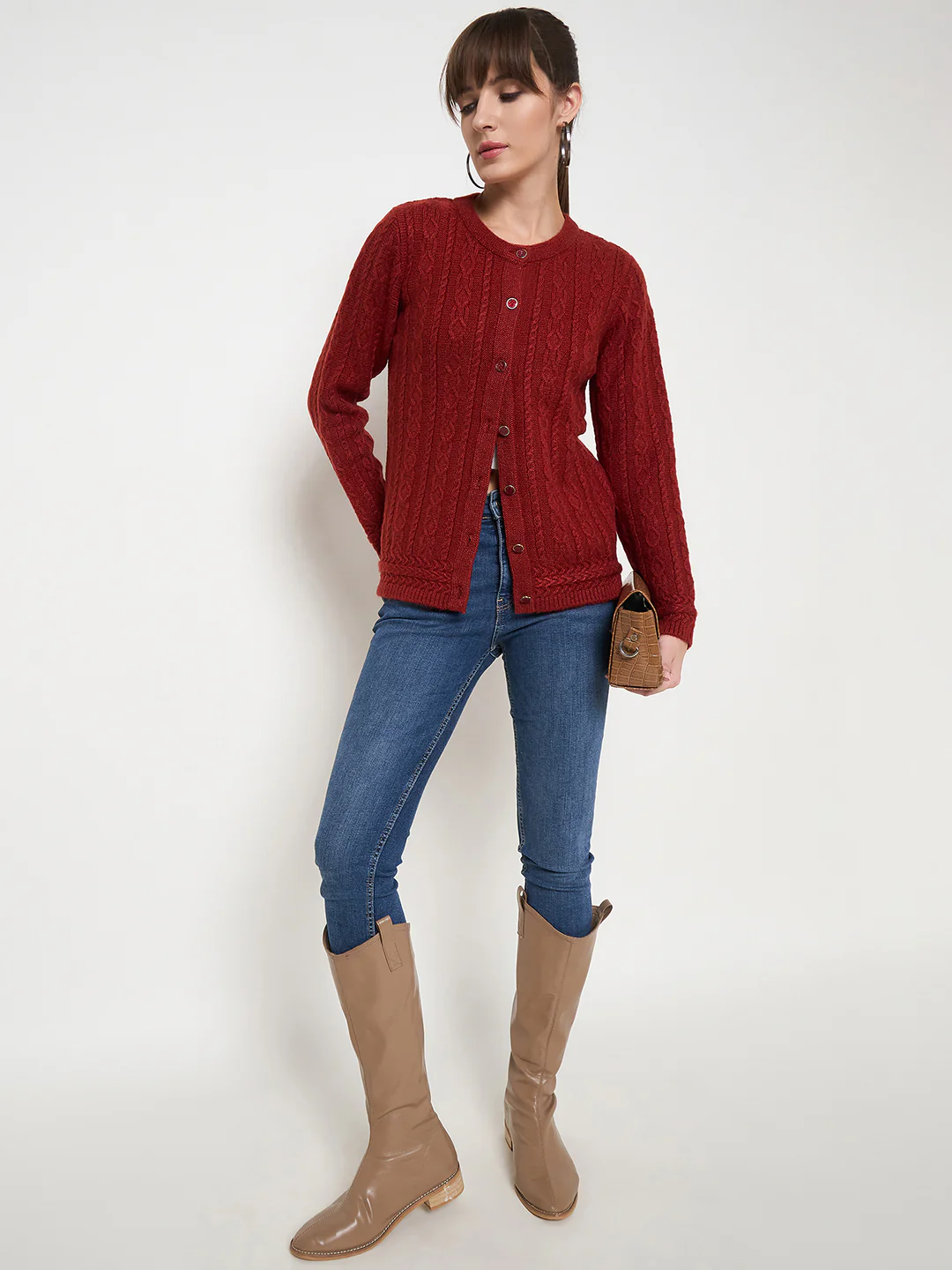 Madame Self Design Crew Neck Rust Cardigan - Image 2