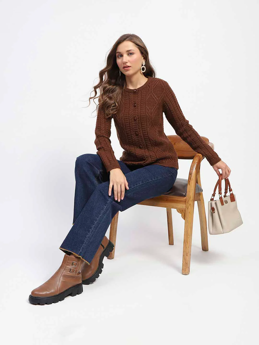 Madame Ribbed Cuff Geometric Pattern Brown Cardigan - Image 2