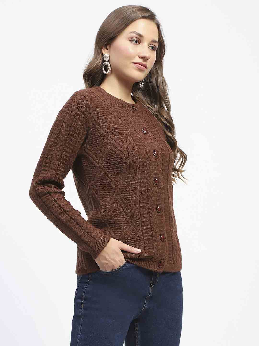 Madame Ribbed Cuff Geometric Pattern Brown Cardigan - Image 4