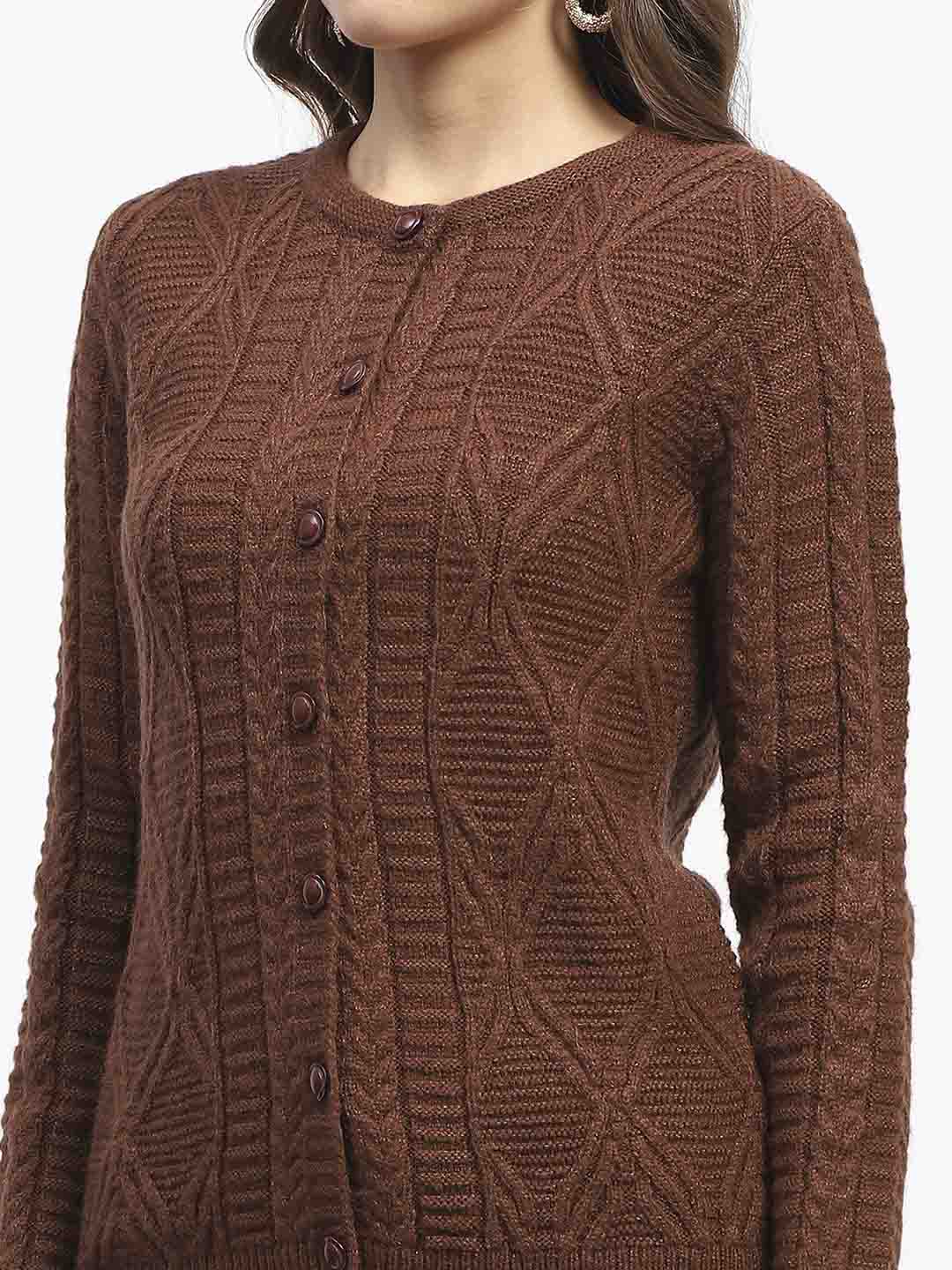 Madame Ribbed Cuff Geometric Pattern Brown Cardigan - Image 7