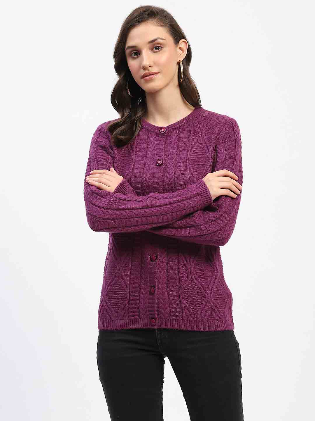 Madame Round Neck Button Down Plum Cardigan - Image 3