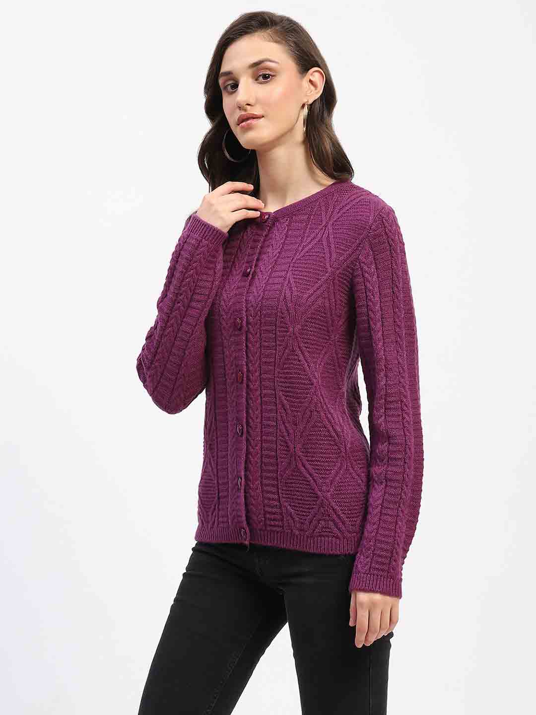 Madame Round Neck Button Down Plum Cardigan - Image 5