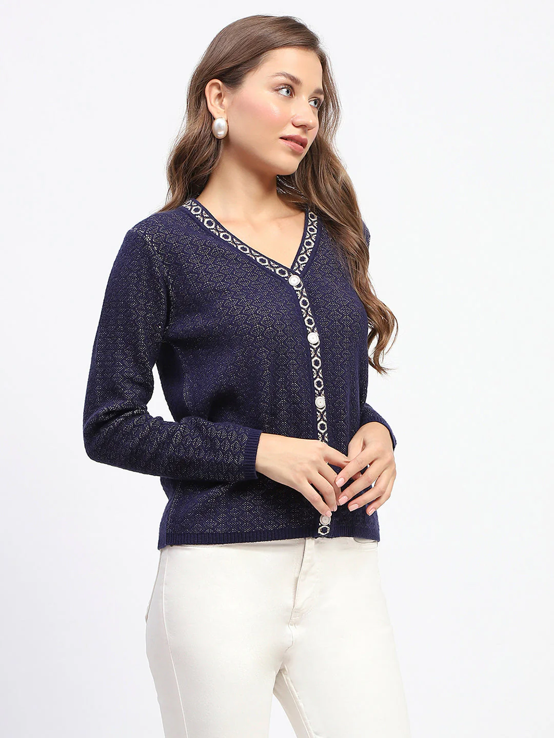 Madame Geometric Pattern V Neck Navy Blue Cardigan - Image 3