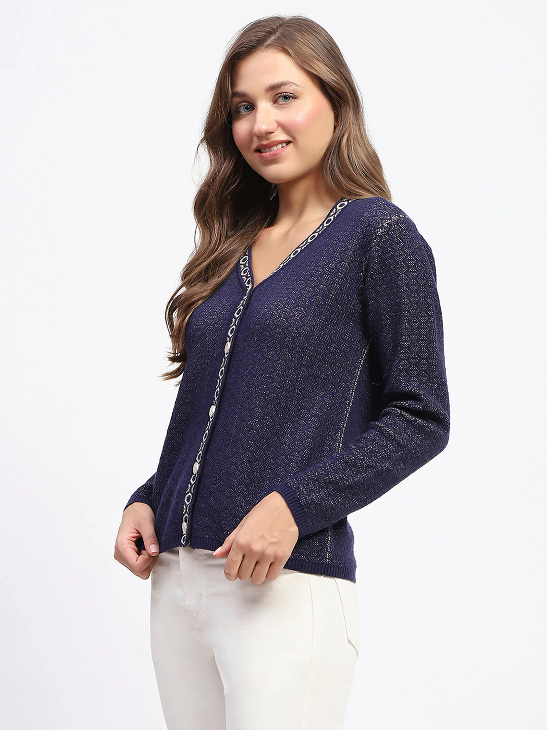 Madame Geometric Pattern V Neck Navy Blue Cardigan - Image 4