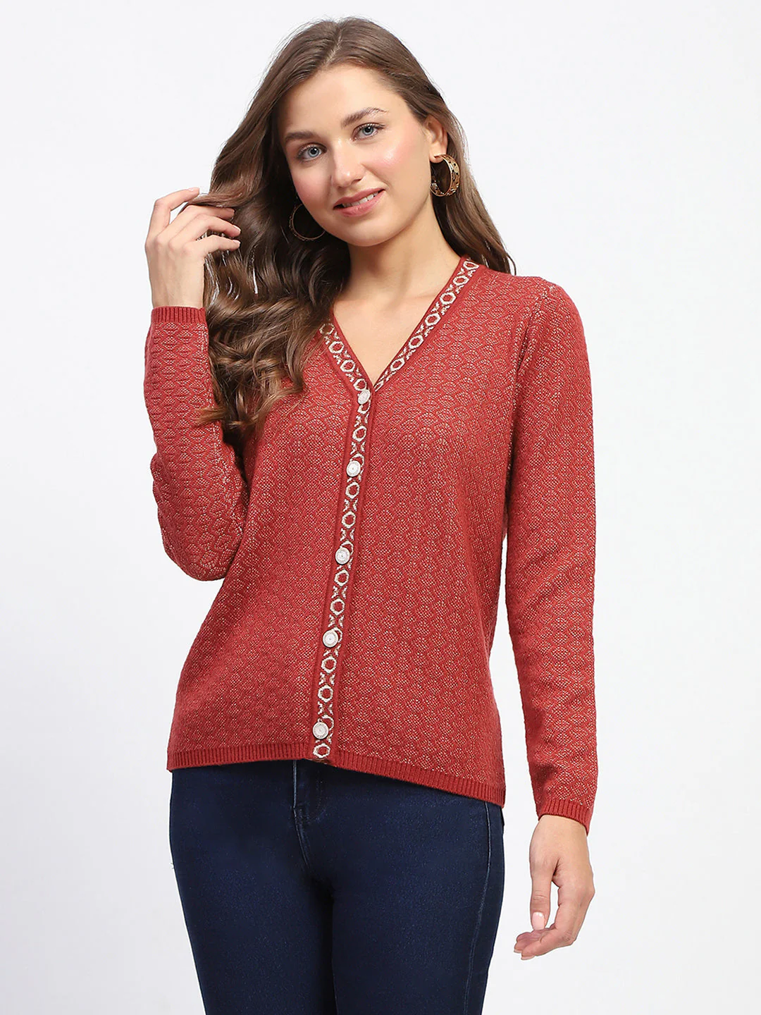Madame Geometric Pattern V Neck Rust Cardigan - Image 2