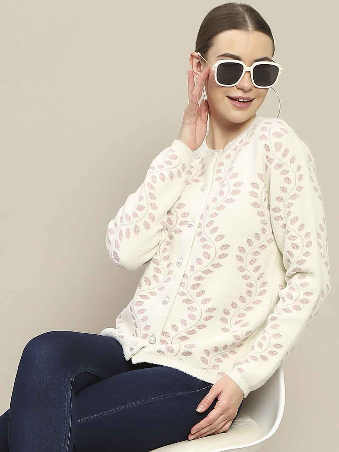 Madame Self Design Pearl Buttoned Off White Cardigan