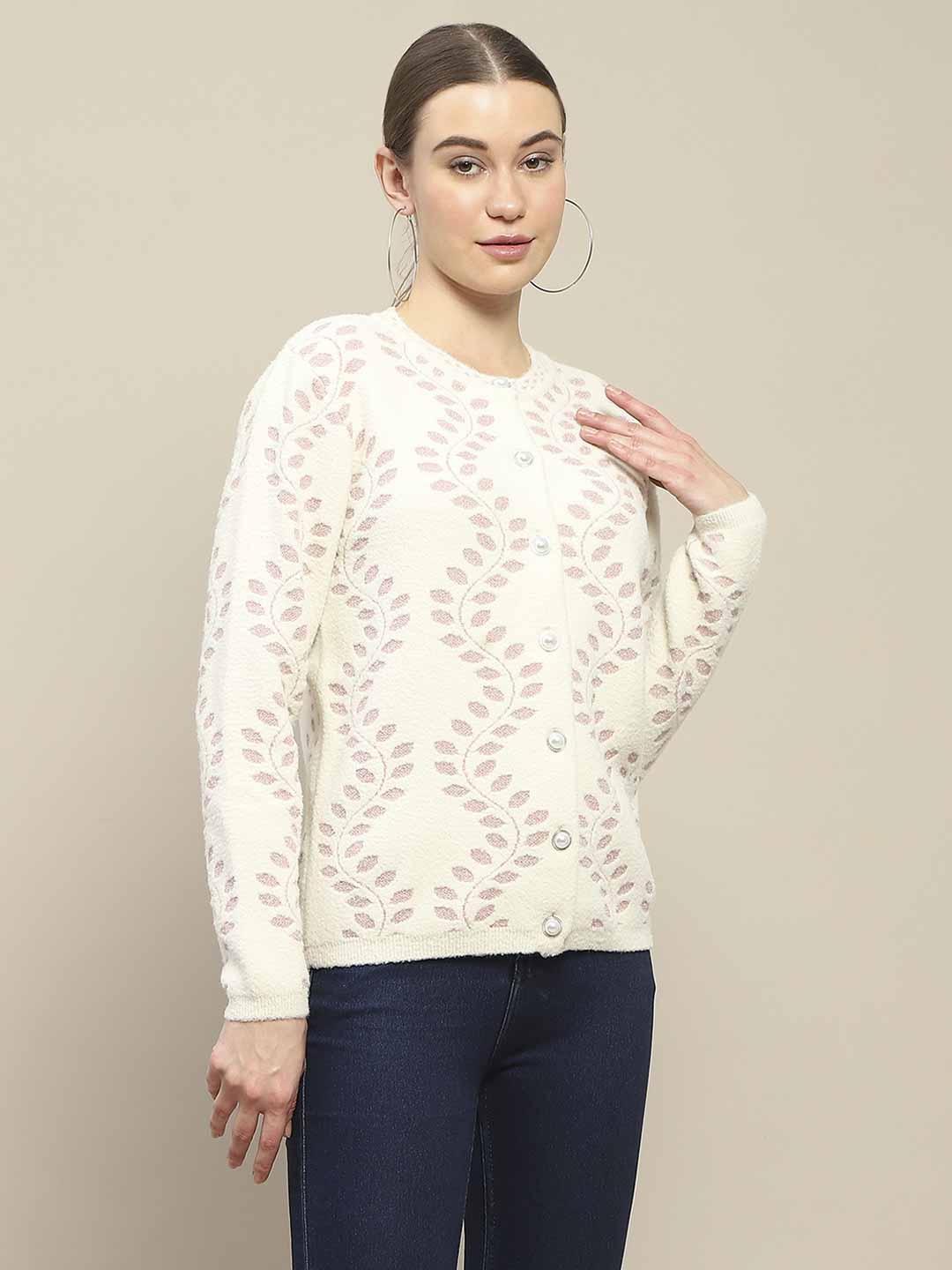 Madame Self Design Pearl Buttoned Off White Cardigan - Image 4
