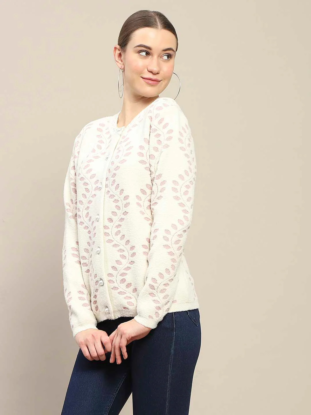 Madame Self Design Pearl Buttoned Off White Cardigan - Image 5