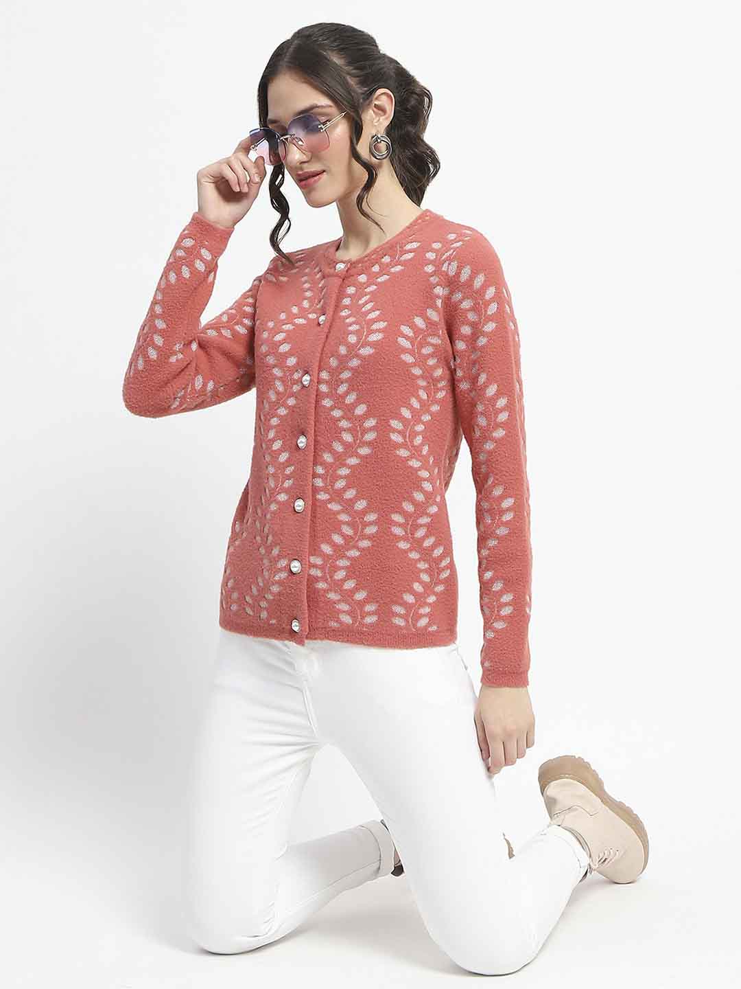 Madame Self Design Full Sleeve Cable Knit Rust Cardigan - Image 2