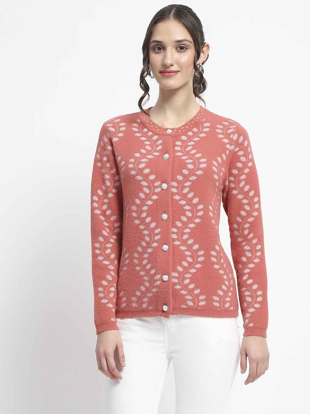 Madame Self Design Full Sleeve Cable Knit Rust Cardigan - Image 3
