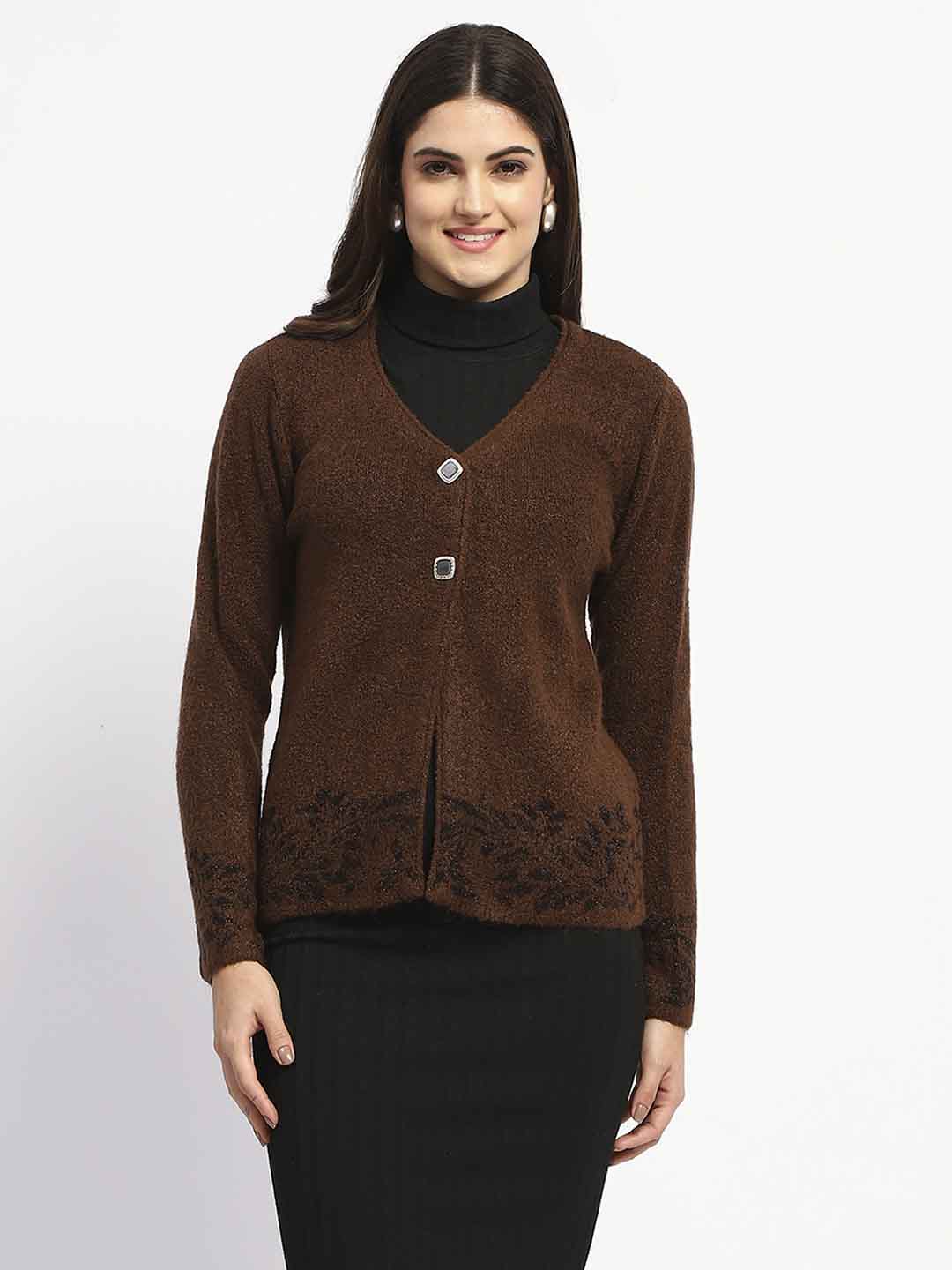 Madame Cable Knit Botanical Print Buttoned Brown Cardigan