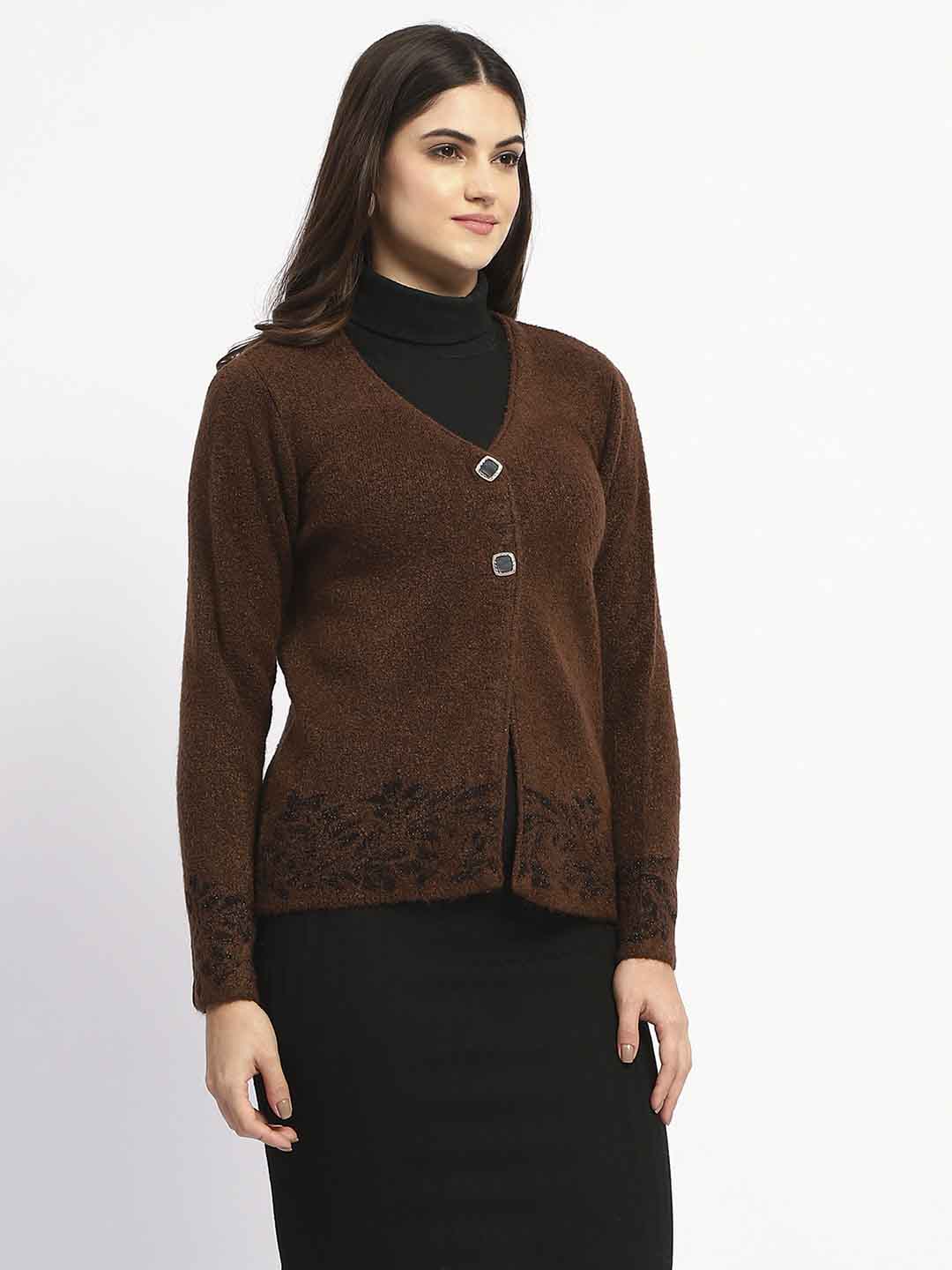 Madame Cable Knit Botanical Print Buttoned Brown Cardigan - Image 3