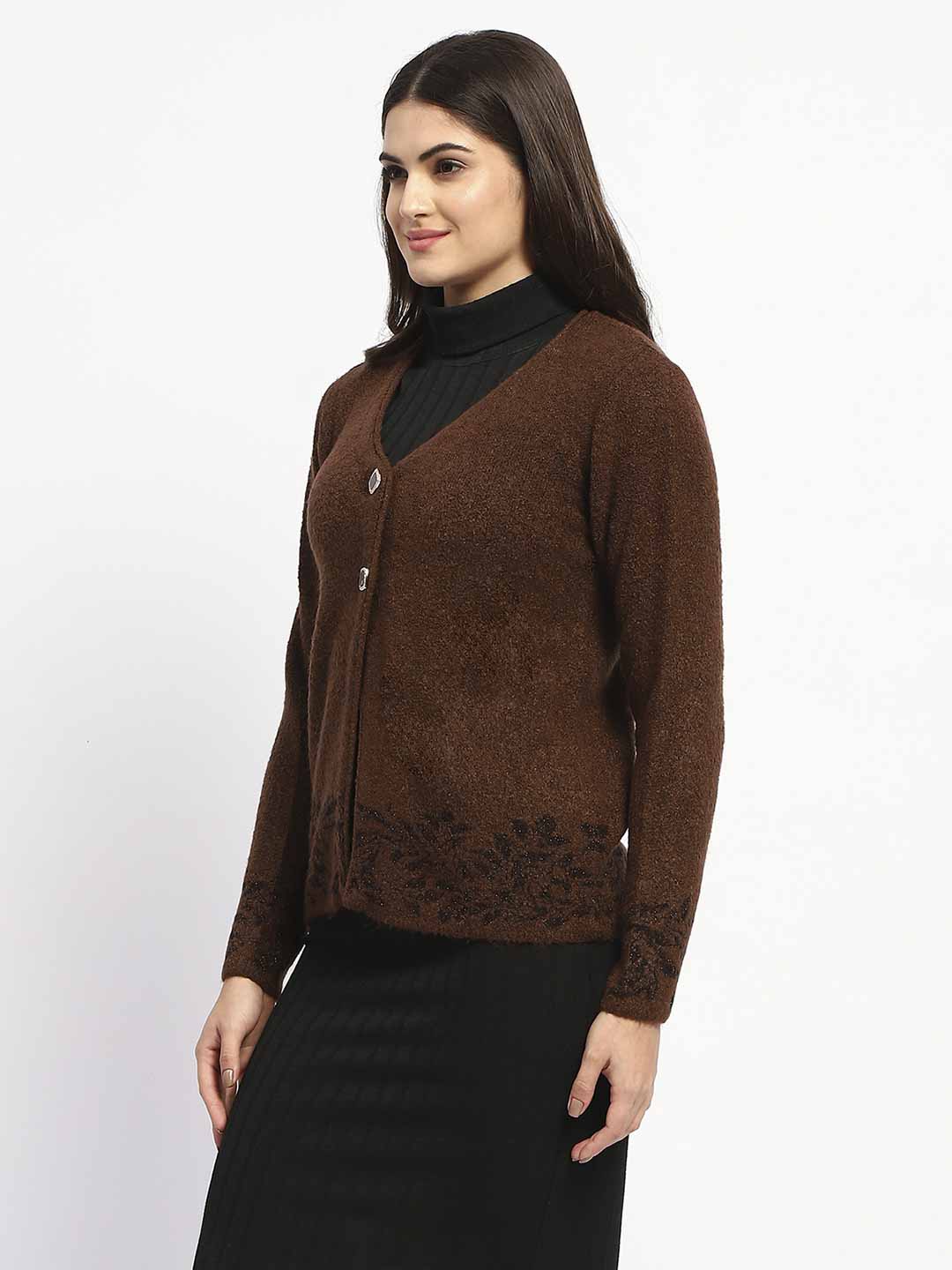 Madame Cable Knit Botanical Print Buttoned Brown Cardigan - Image 4