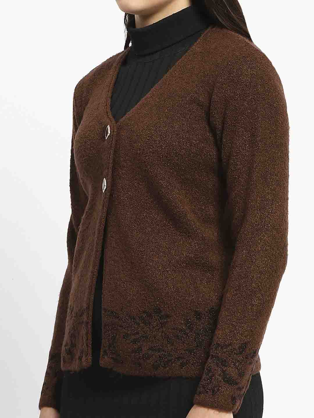 Madame Cable Knit Botanical Print Buttoned Brown Cardigan - Image 6