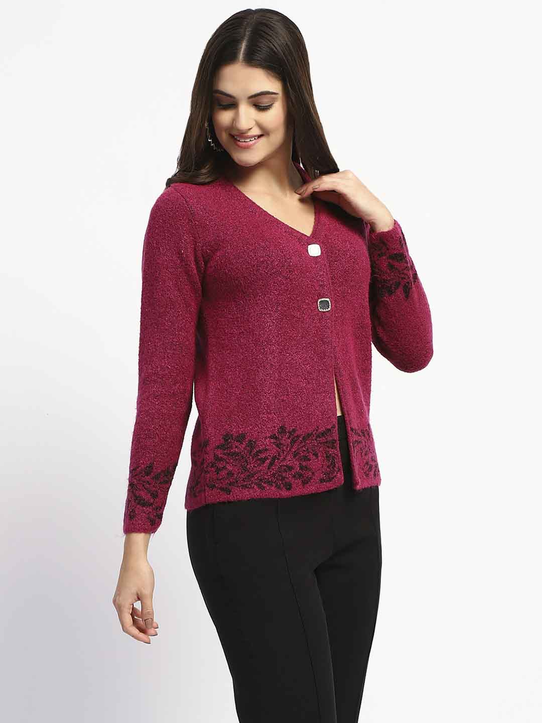 Madame Cable Knit Botanical Print Buttoned Fuschia Cardigan - Image 4