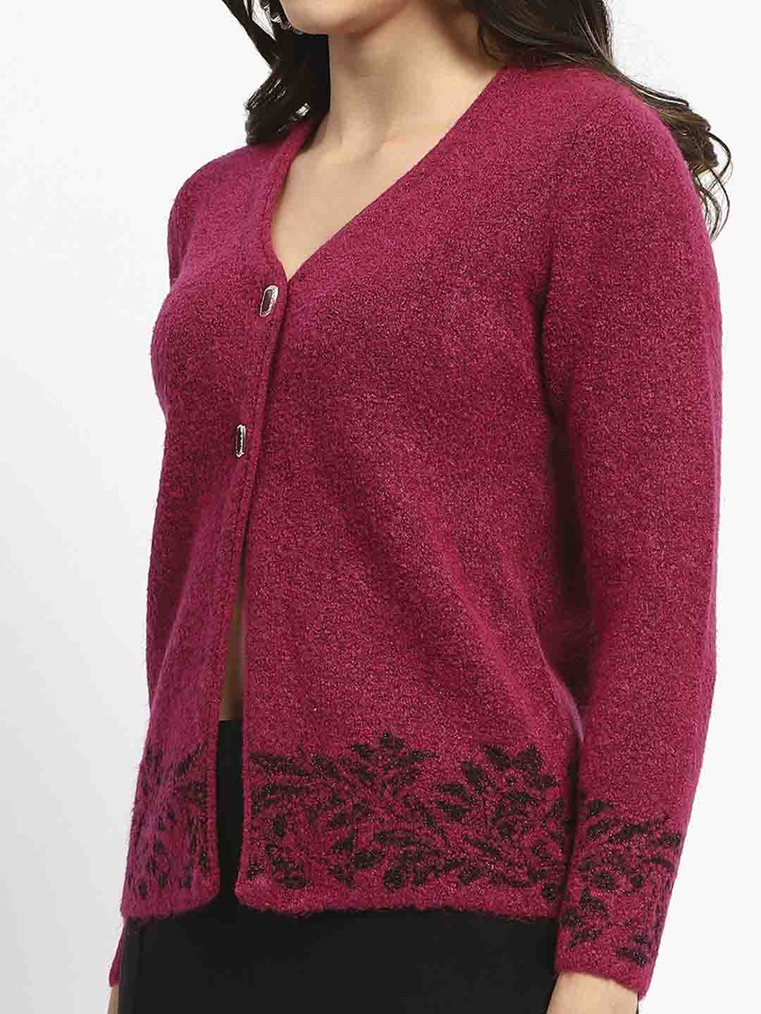 Madame Cable Knit Botanical Print Buttoned Fuschia Cardigan - Image 6
