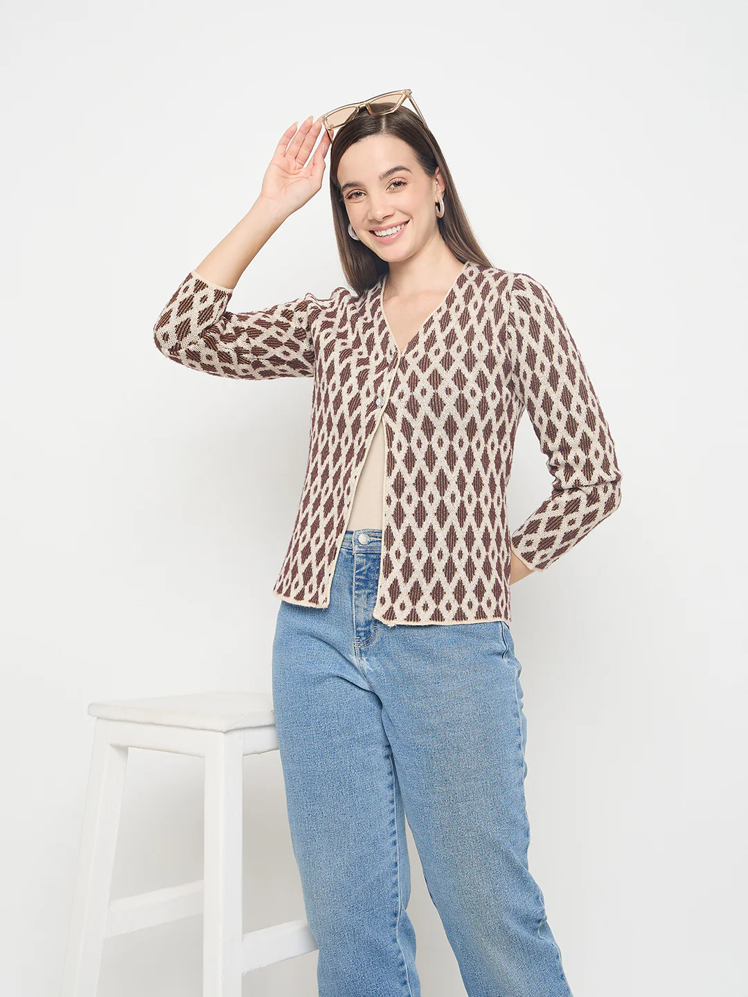 Madame Geometric Print Button Up Brown Cardigan