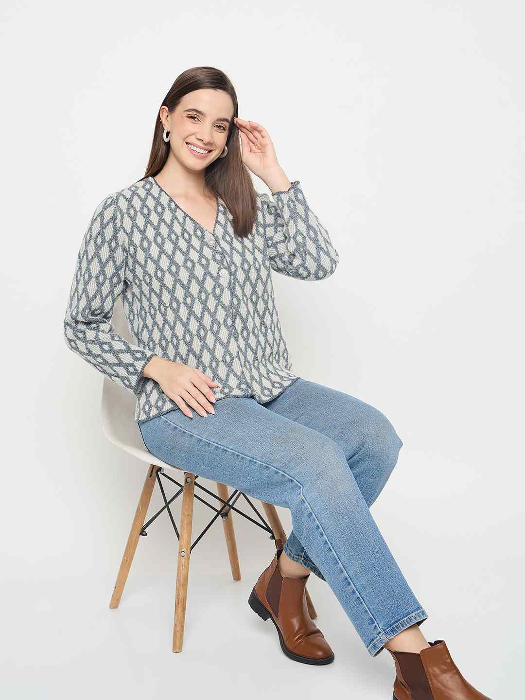 Madame Geometric Print Button Up Off White Cardigan