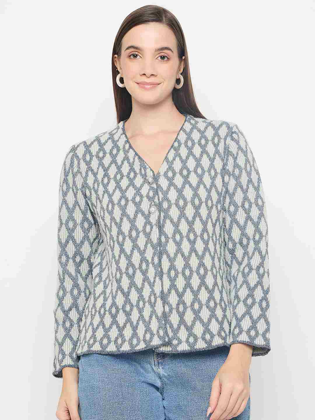 Madame Geometric Print Button Up Off White Cardigan - Image 3
