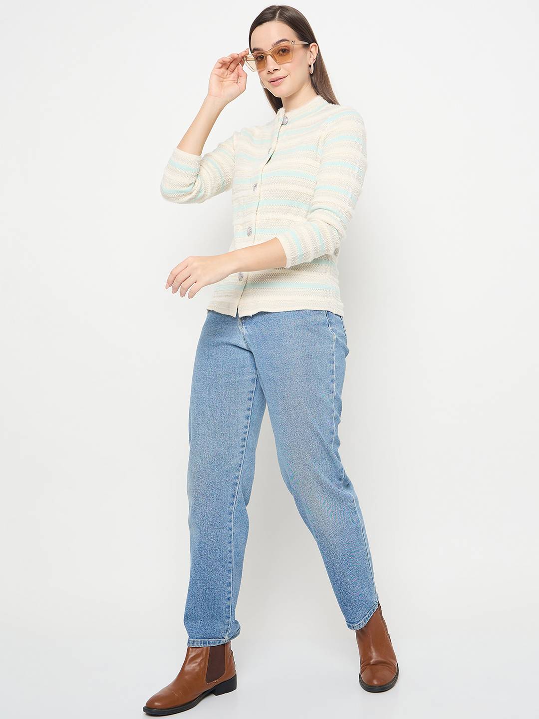 Madame Striped Button Up Off White Cardigan - Image 2