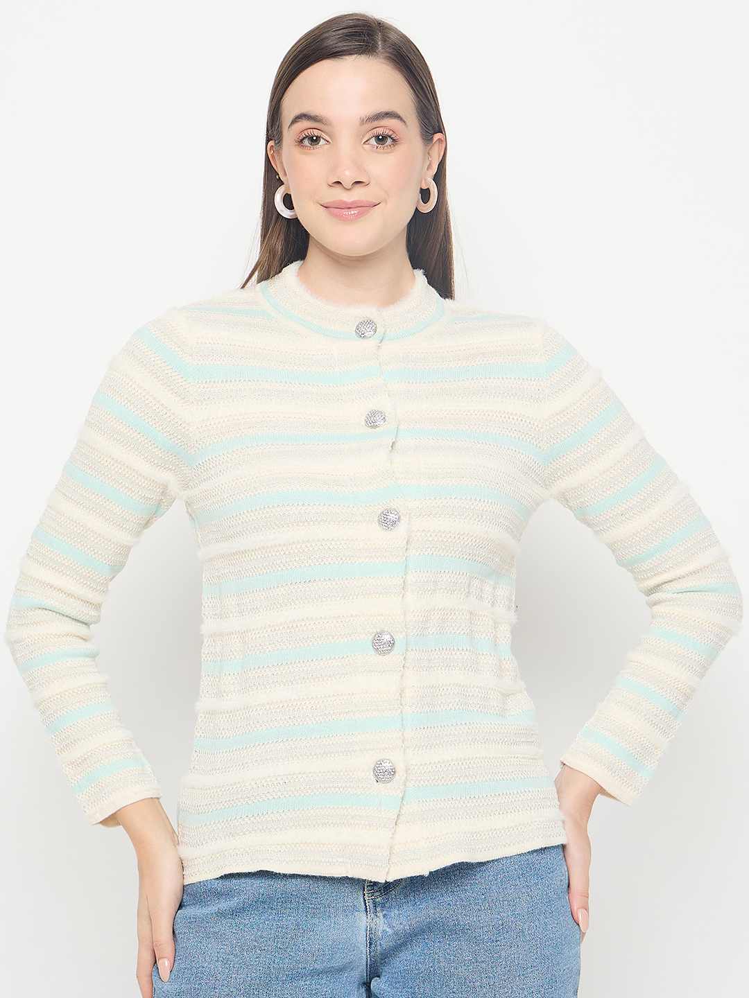 Madame Striped Button Up Off White Cardigan - Image 3