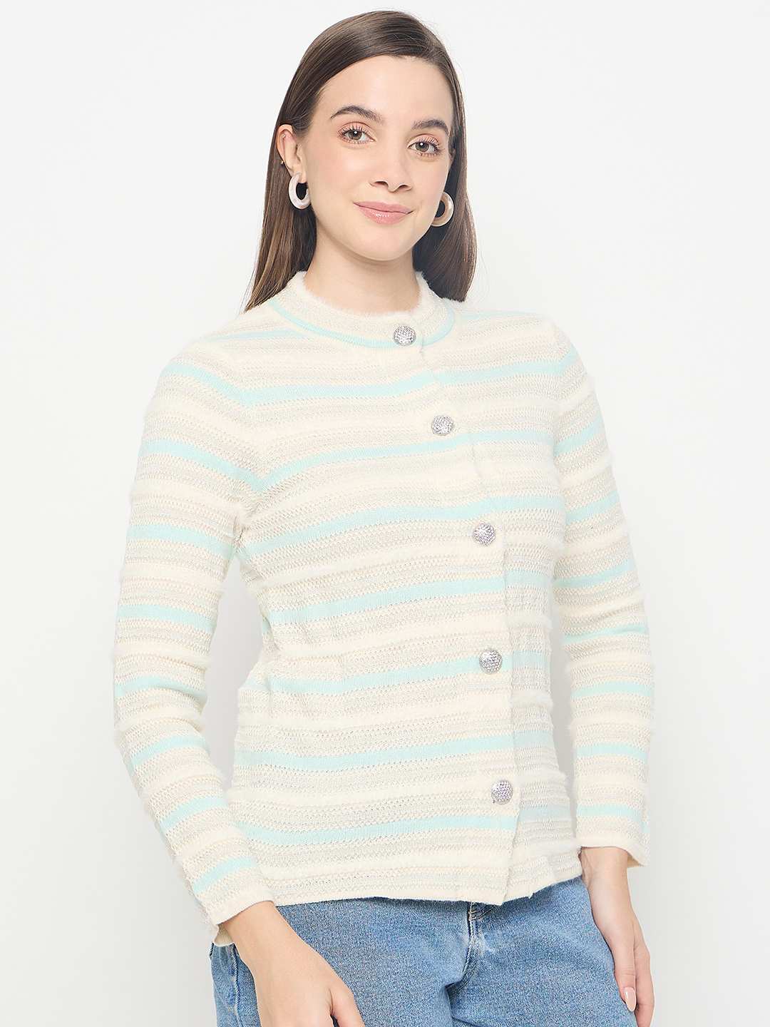 Madame Striped Button Up Off White Cardigan - Image 4