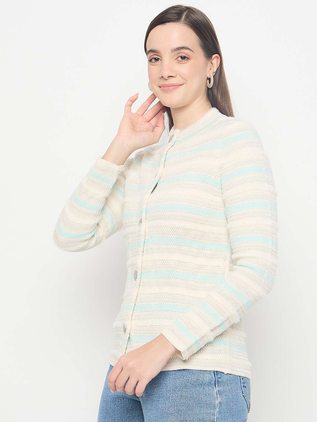 Madame Striped Button Up Off White Cardigan - Image 5