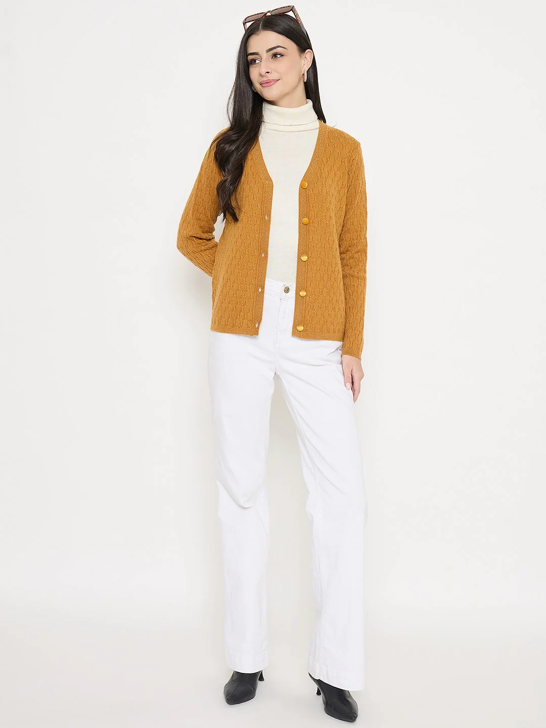 Madame Cable Knit Mustard Yellow Cardigan - Image 2