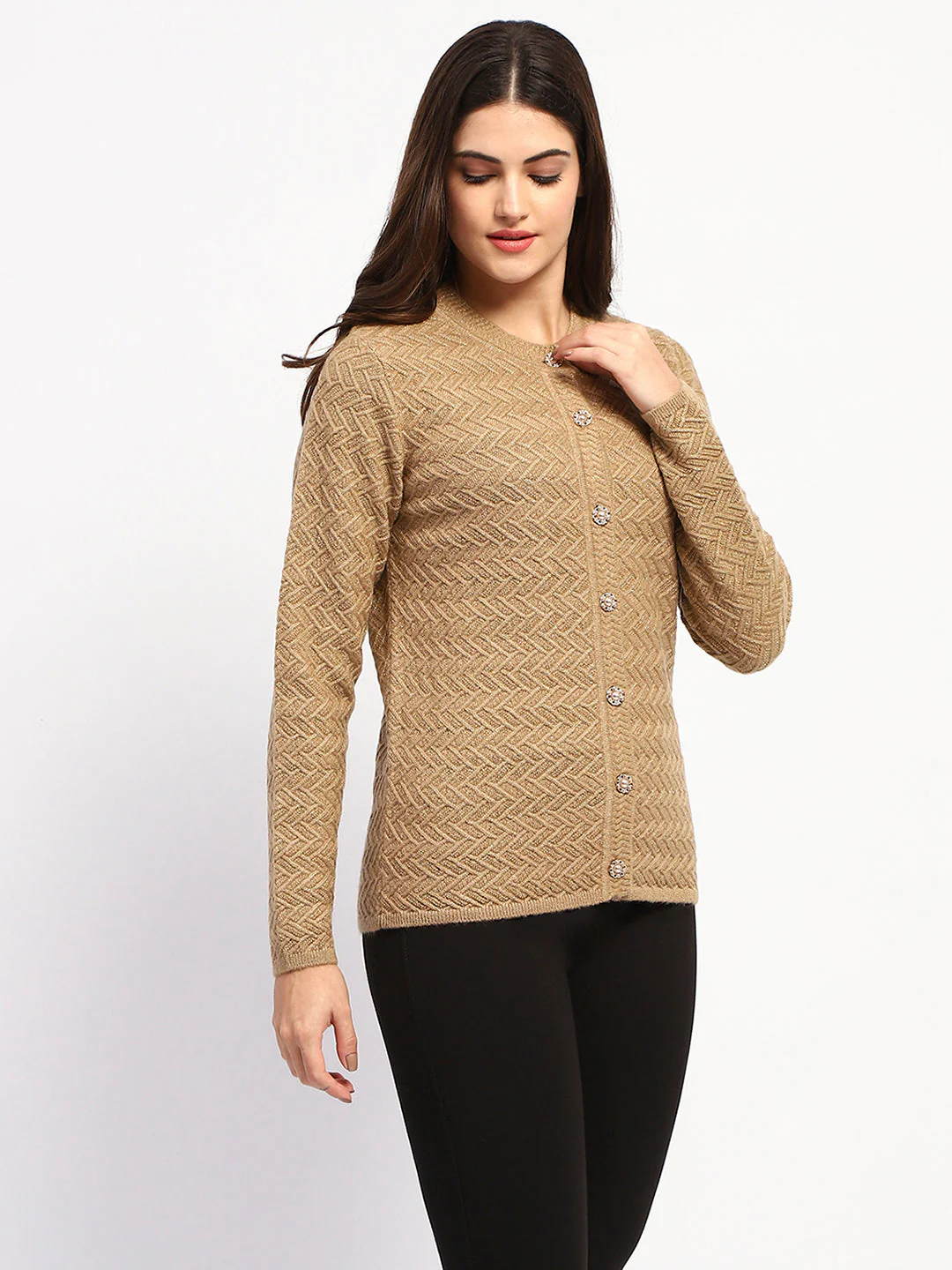 Madame Camel Cable Knit Button Down Cardigan - Image 3