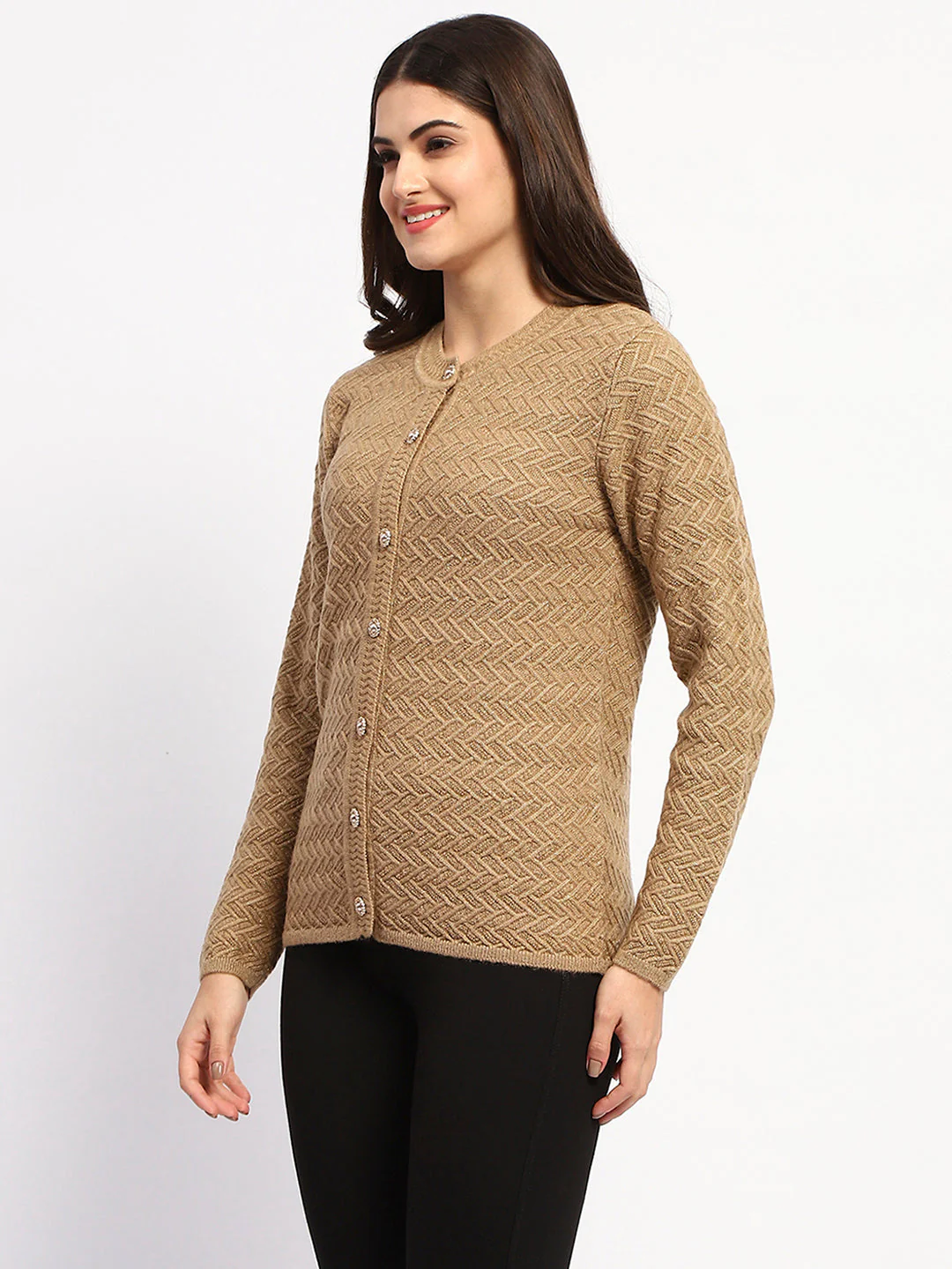 Madame Camel Cable Knit Button Down Cardigan - Image 4