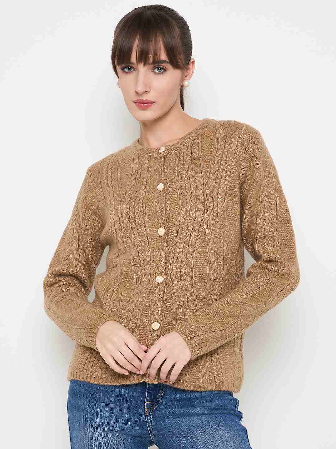 Madame Cable Knit Camel Acrylic Blend Cardigan - Image 3