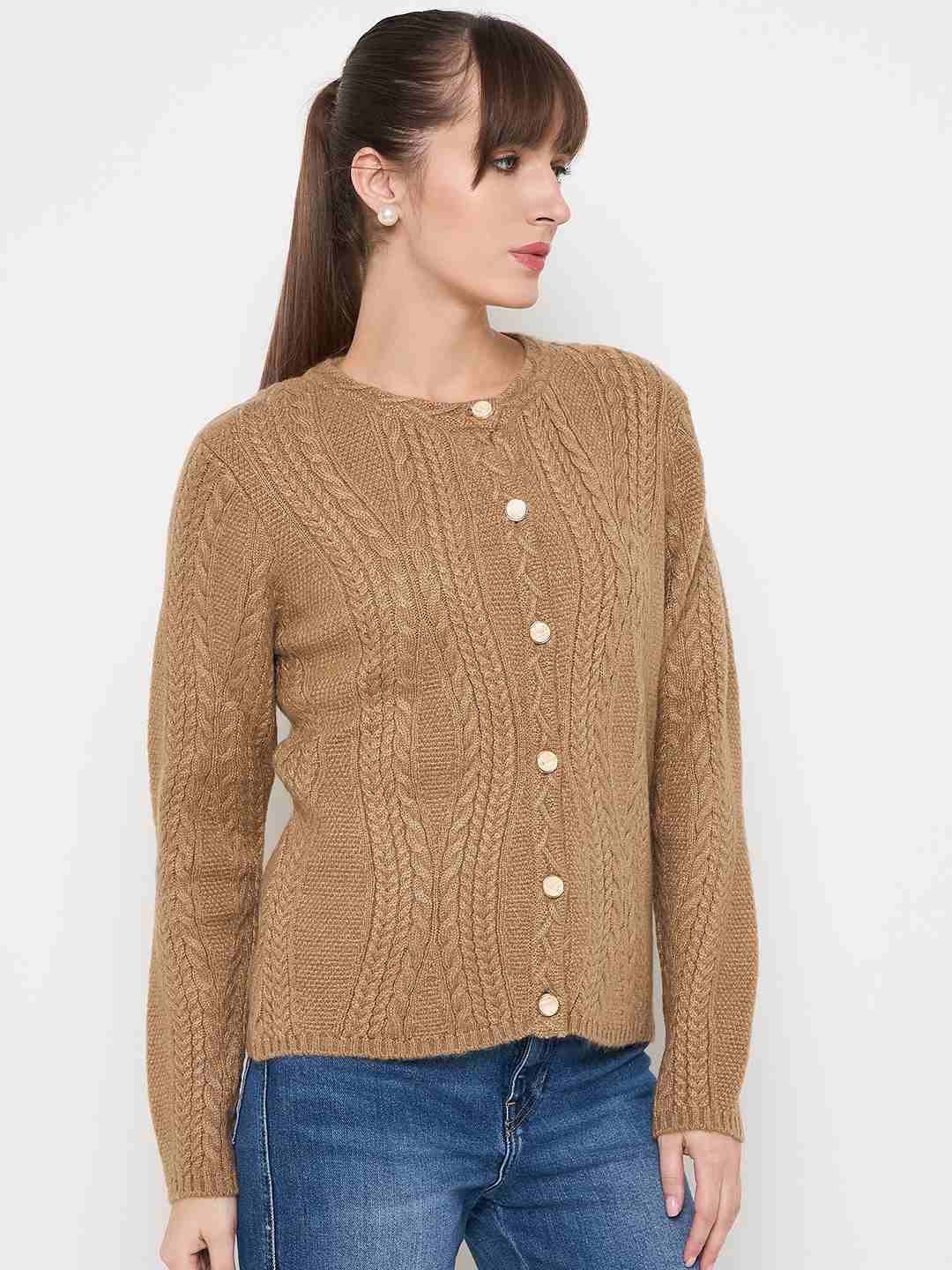 Madame Cable Knit Camel Acrylic Blend Cardigan - Image 4