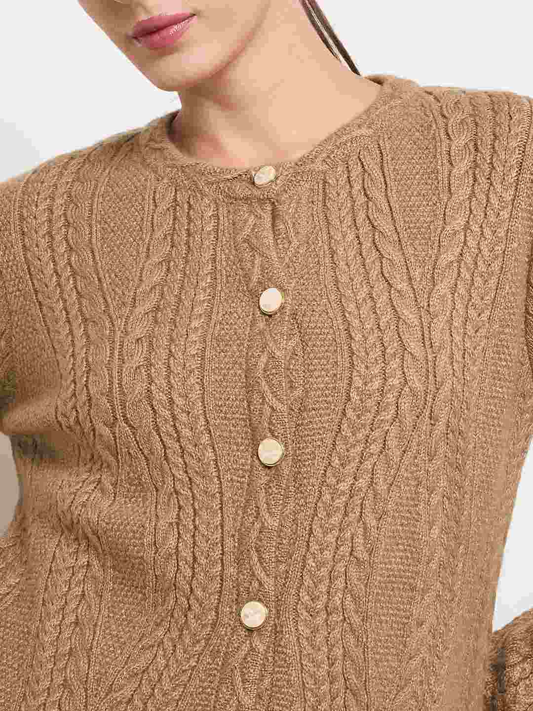 Madame Cable Knit Camel Acrylic Blend Cardigan - Image 7