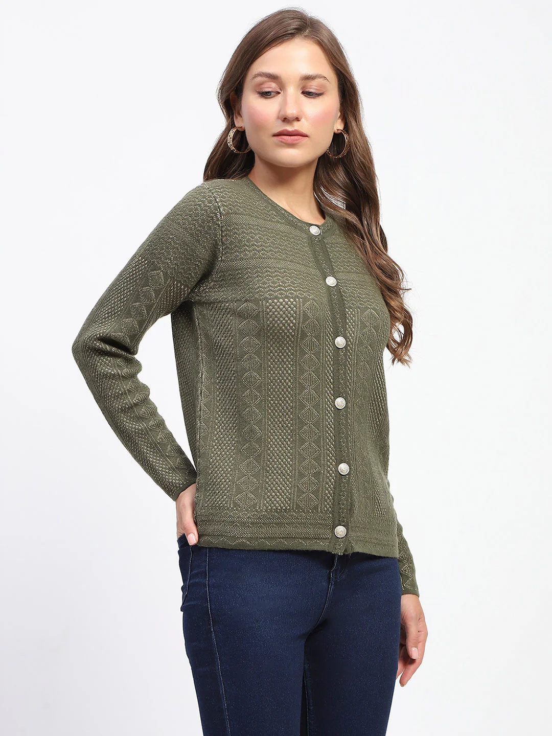 Madame Self-Designed Crew Neck Button Down Olive Green Cardigan - Image 3