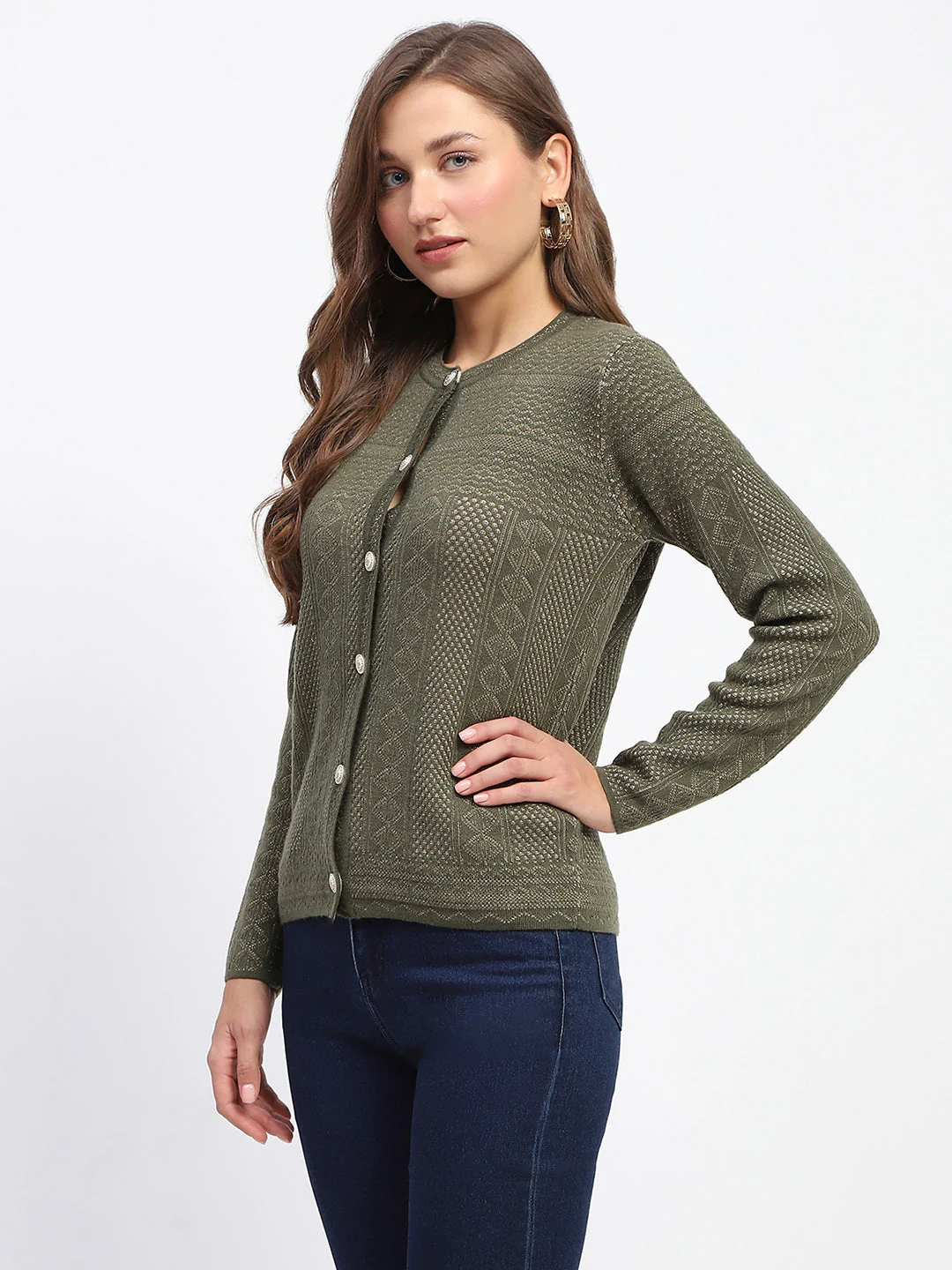 Madame Self-Designed Crew Neck Button Down Olive Green Cardigan - Image 4